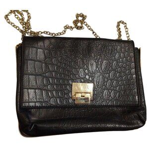 Crossbody Shoulder Bag-Forever 21 Black-Croc OrSnake Skin Desgn-Chain Brass Trim